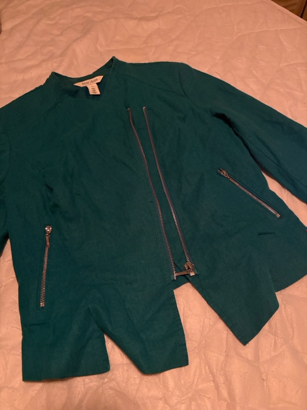 White House Black Market Teal Open-Front Cropped Blazer - Picture 3 of 5